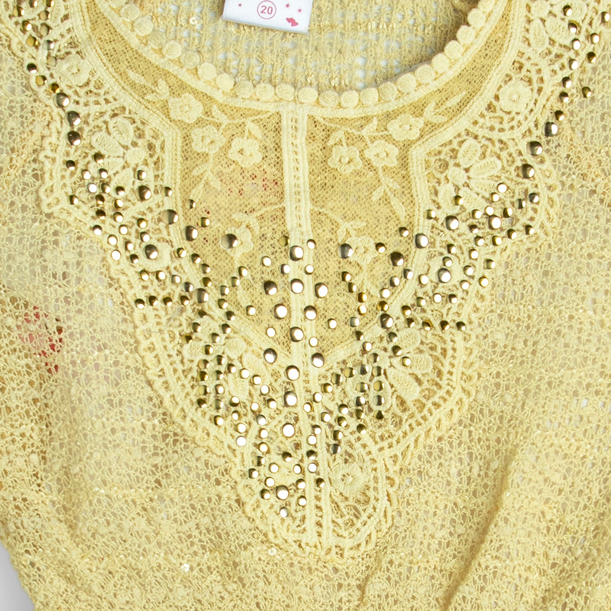 Yellow Neck Embroidered Bat Sleeves Net Top