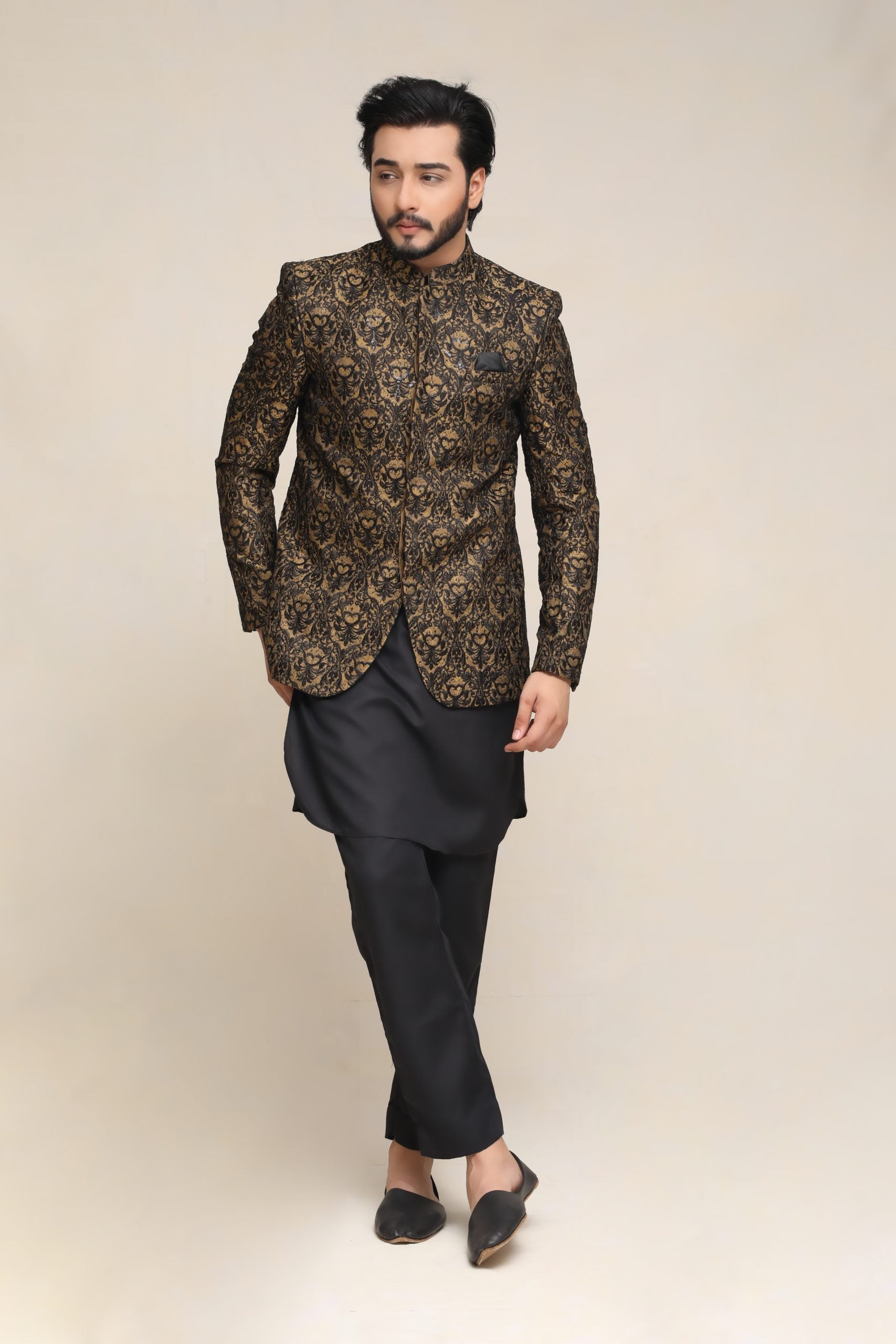 GOLDEN BLACK PRINCE COAT WITH INNER