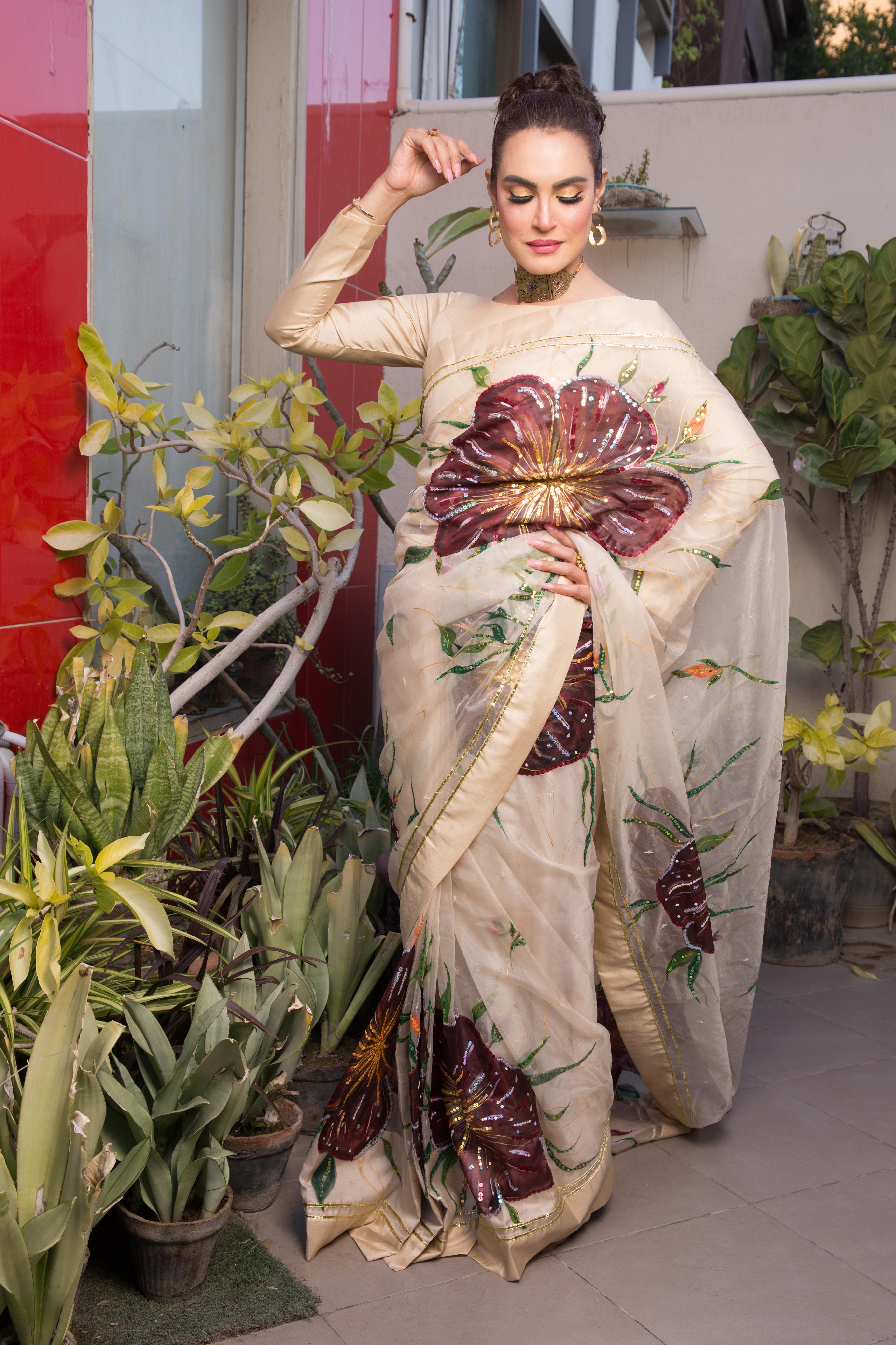 Nadia Hussain Floral Painted Saree