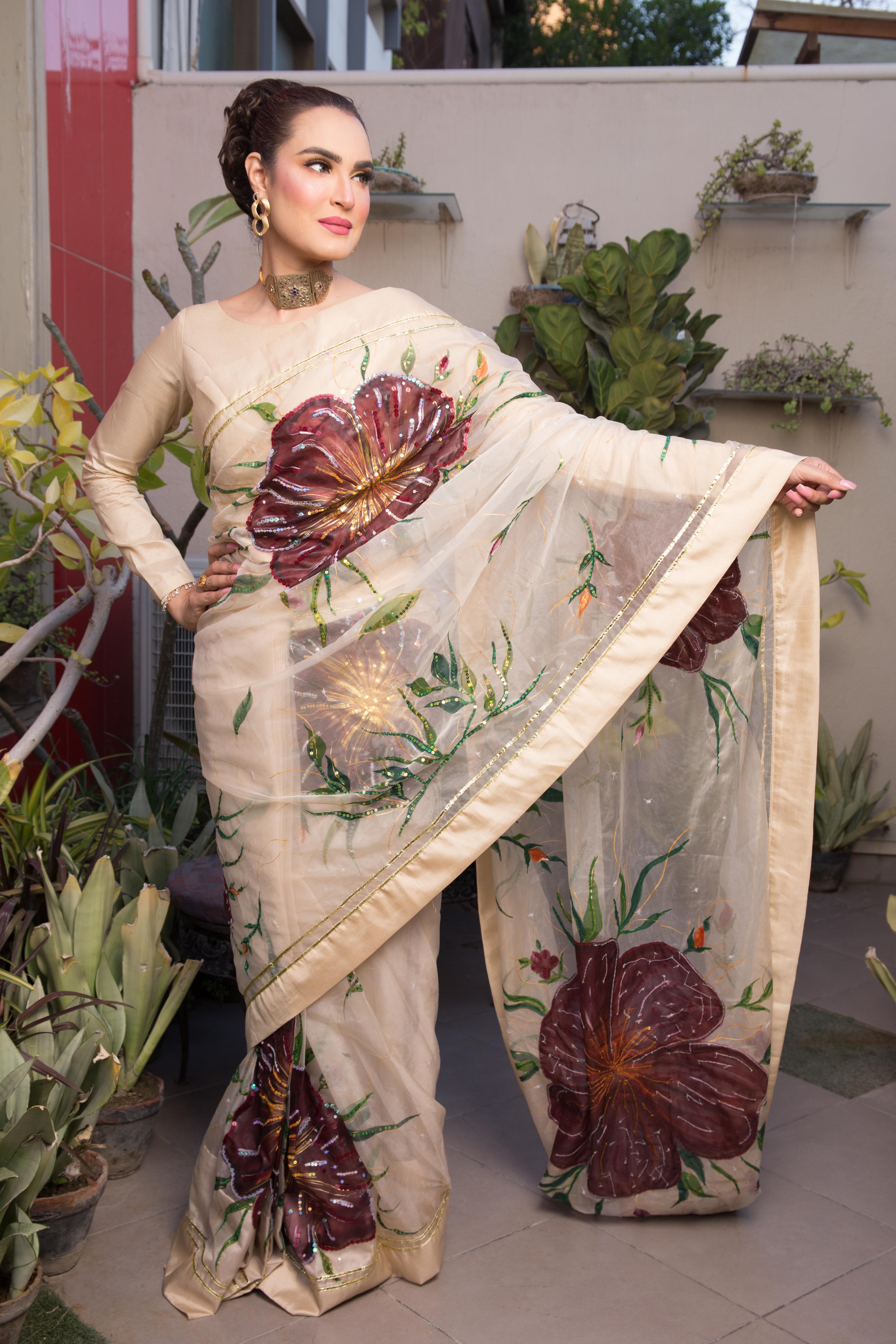 Nadia Hussain Floral Painted Saree