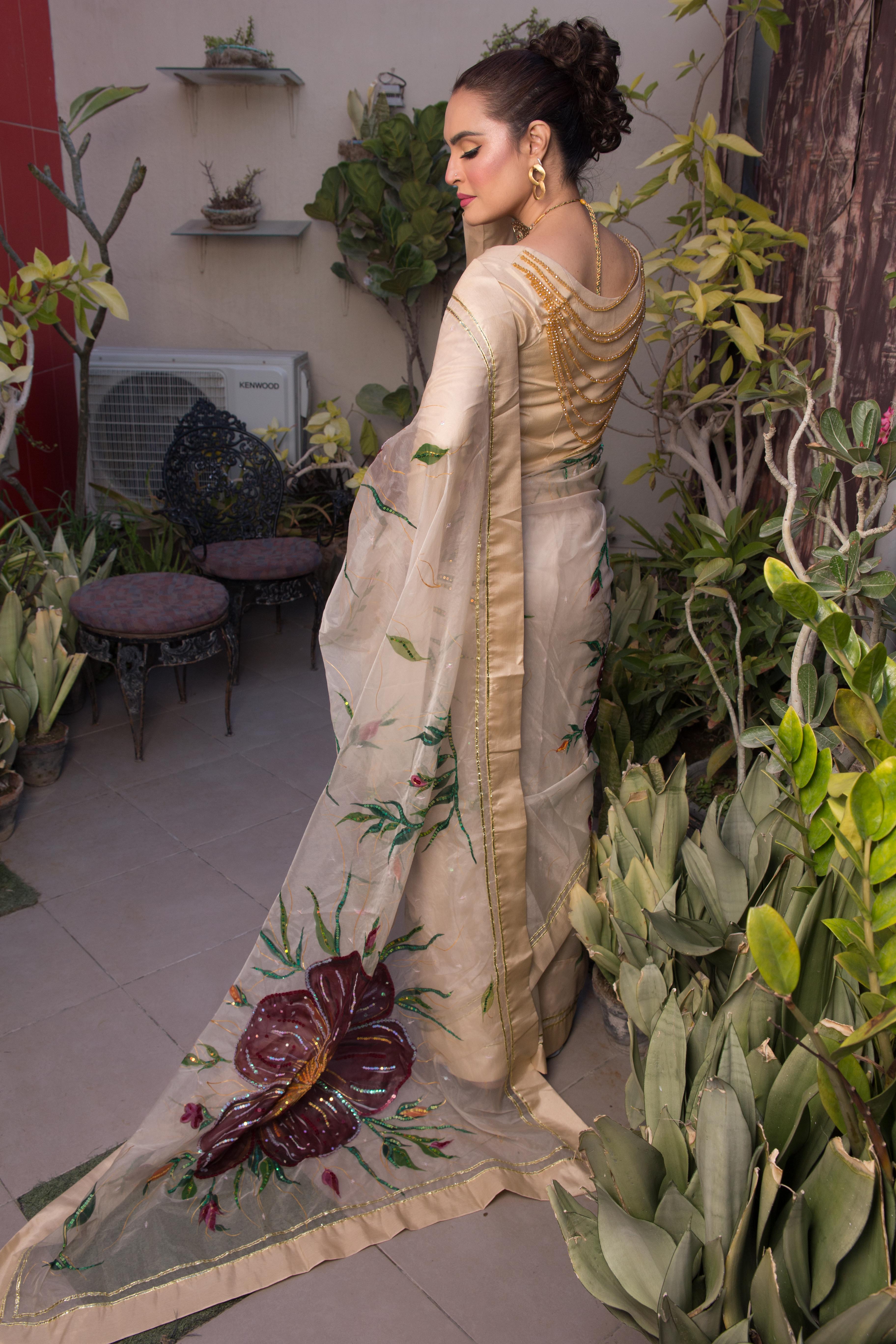 Nadia Hussain Floral Painted Saree