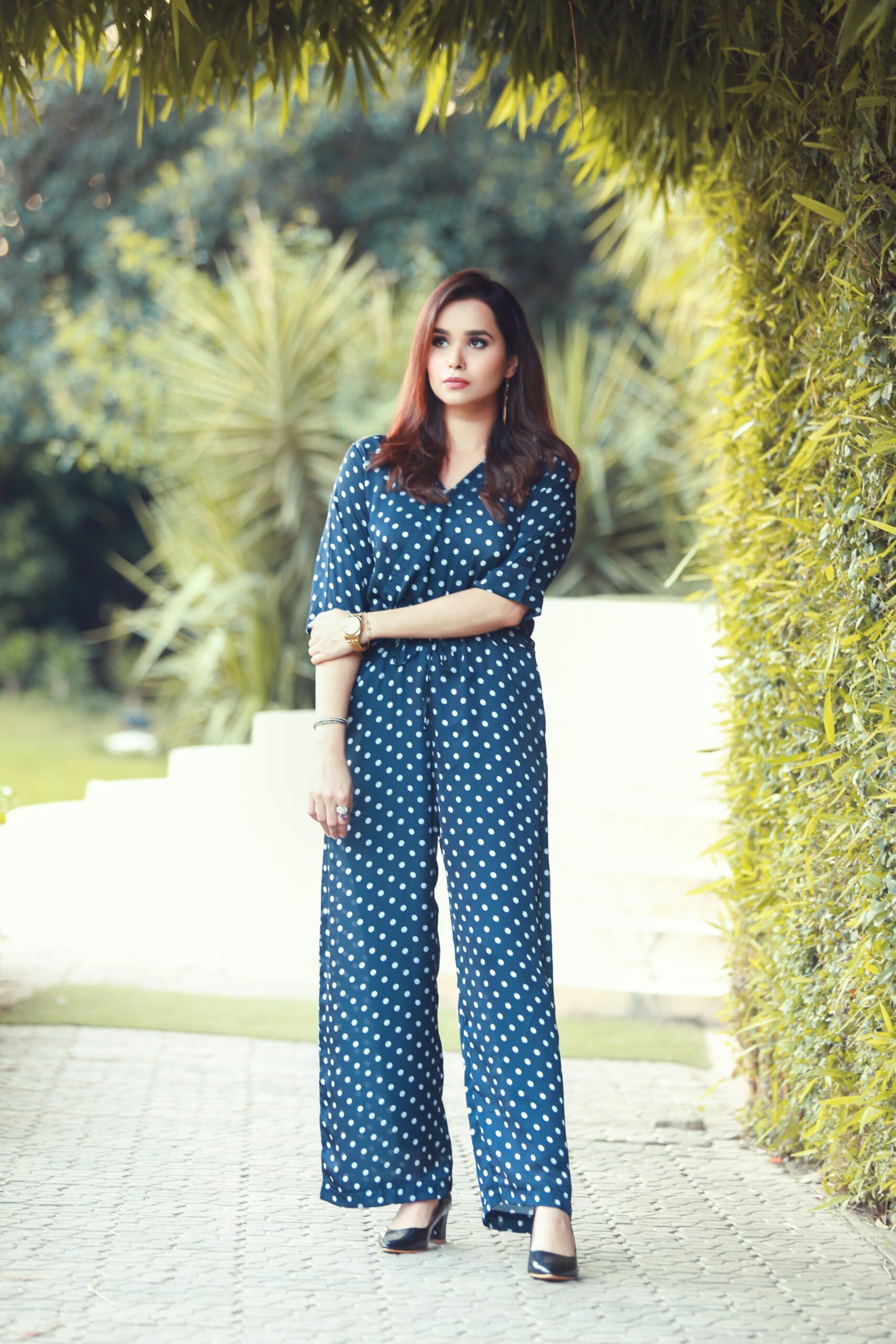 Navy Blue Dotted Silk Jumpsuit