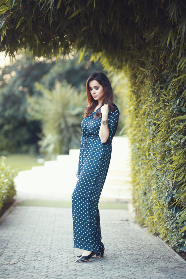 Navy Blue Dotted Silk Jumpsuit