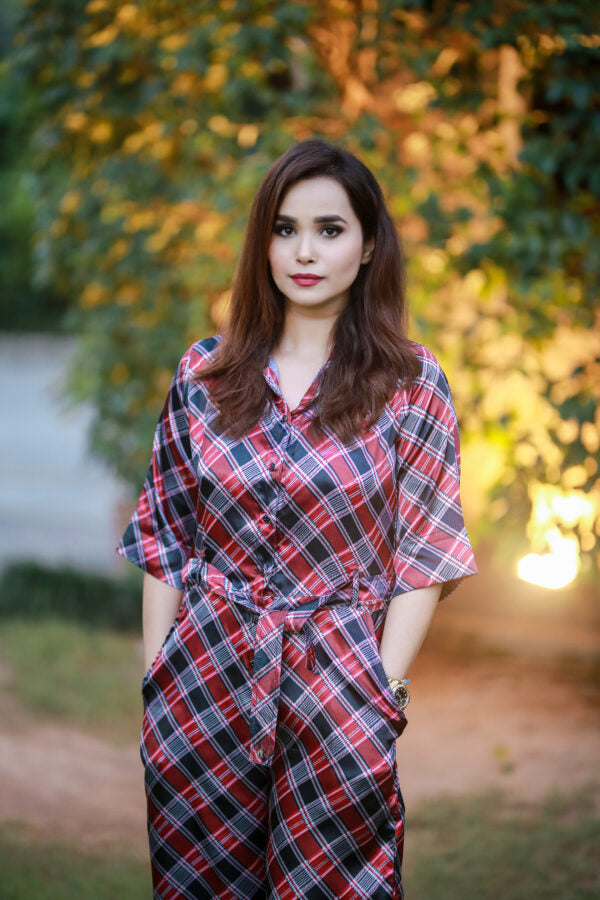 Red and Navy Blue Check Digital Silk Jumpsuit