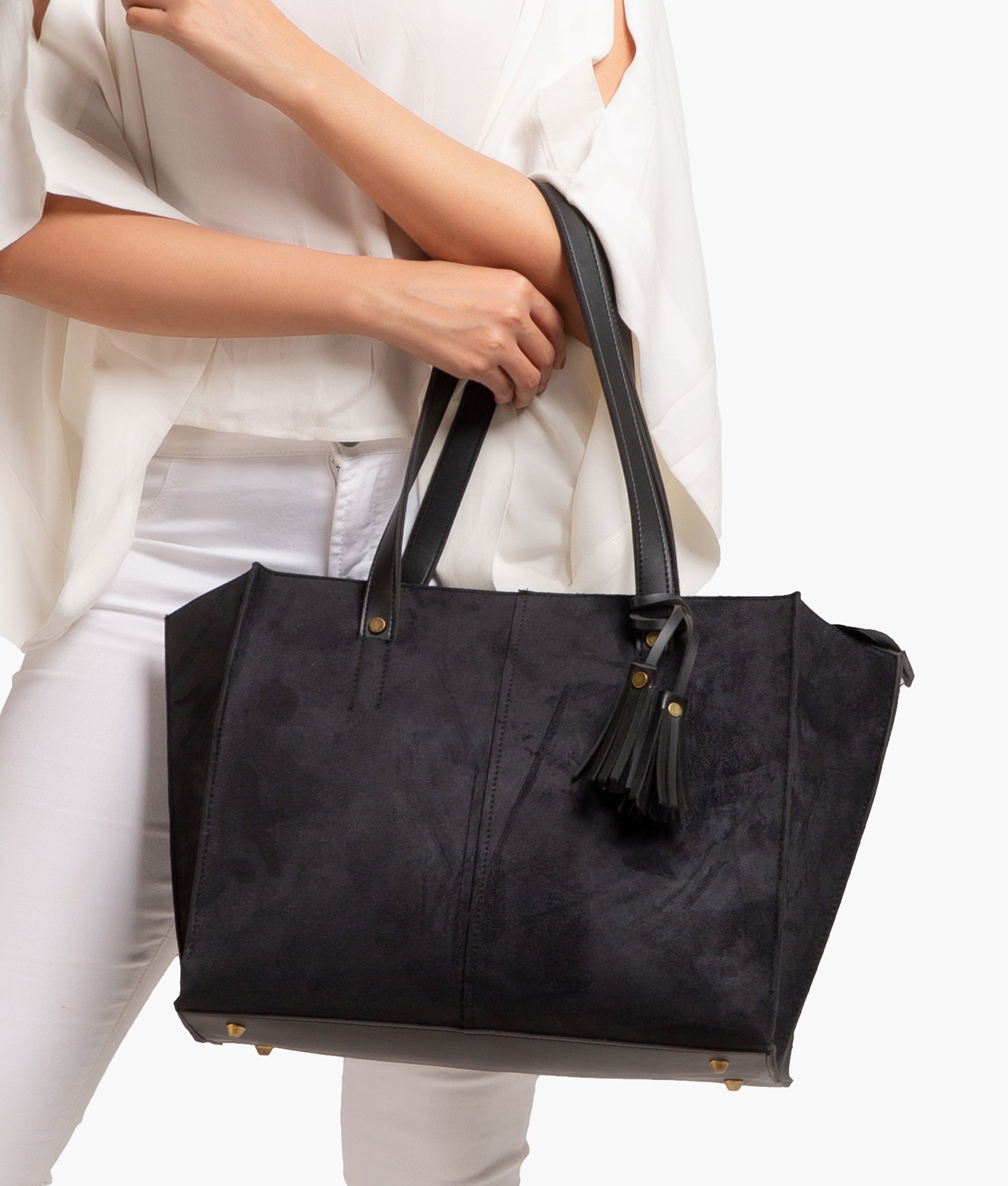 Black suede over the shoulder tote bag