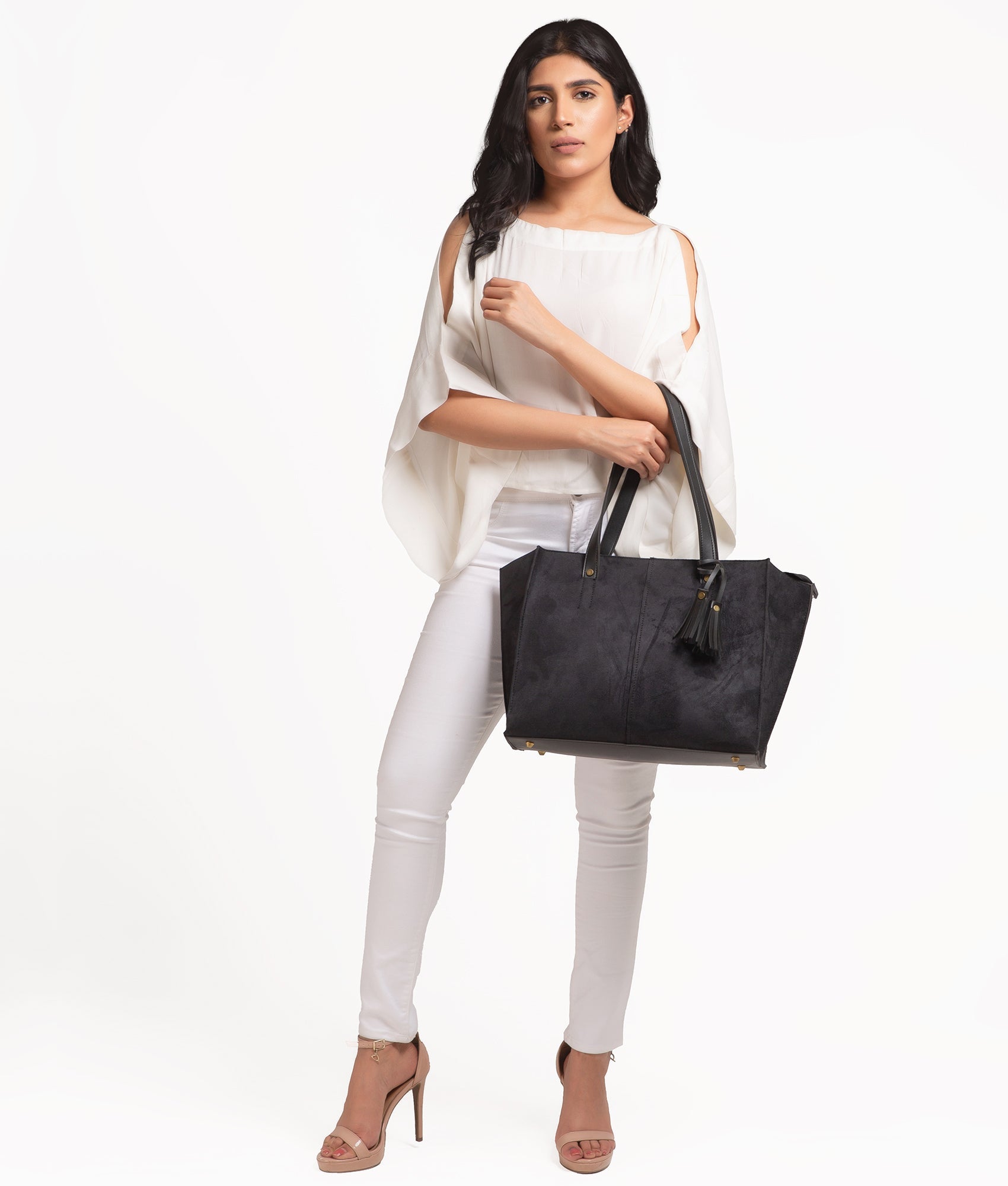 Black suede over the shoulder tote bag