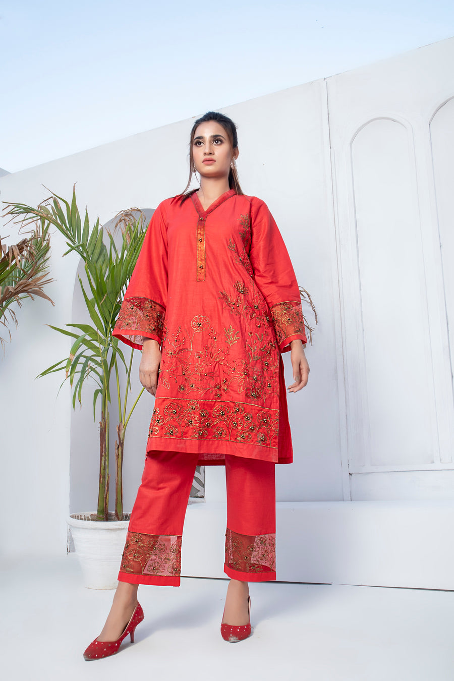 LAVISH RED EMBROIDERED COTTON 2 PC